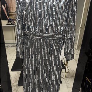 Mac Duggal Black and Silver Sequin Long Sleeve Gown #93590A , NWT, MSRP $598